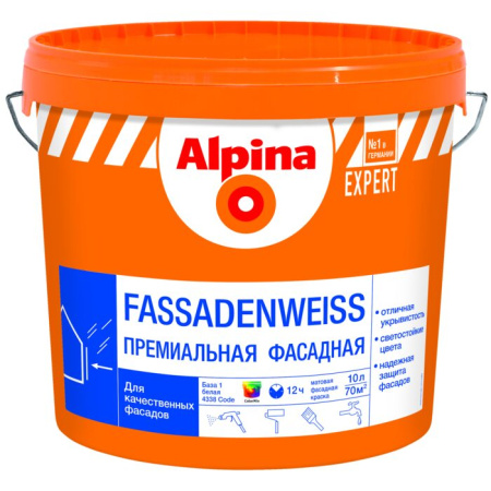 Фото краска фасадная  3,36кг/2,35л alpina expert fassadenweis база 3 (прозр) от интернет-магазина Аманд